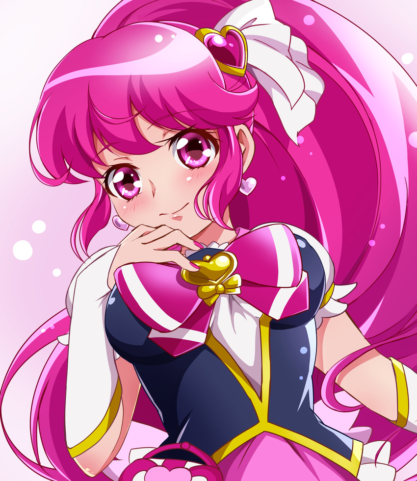 absurdres aino_megumi bad_id bad_pixiv_id blush bow breasts cure_lovely earrings happinesscharge_precure! heart heart_earrings highres jewelry long_hair looking_at_viewer magical_girl medium_breasts pink_bow pink_eyes pink_hair ponytail precure sharumon smile solo wide_ponytail