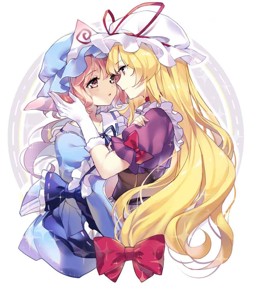 2girls absurdres bangs blonde_hair blue_bow blue_hat blue_kimono bow choker closed_mouth commentary_request dress eye_contact eyebrows_visible_through_hair gloves hair_bow hand_on_another's_shoulder hand_on_another's_shoulder hat hat_ribbon highres japanese_clothes kimono long_hair looking_at_another mob_cap multiple_girls pink_eyes pink_hair puffy_short_sleeves puffy_sleeves purple_dress red_bow red_choker red_eyes red_ribbon ribbon ribbon_trim saigyouji_yuyuko sheska_xue short_sleeves simple_background sparkle touhou triangular_headpiece upper_body very_long_hair white_background white_gloves white_hat yakumo_yukari yuri