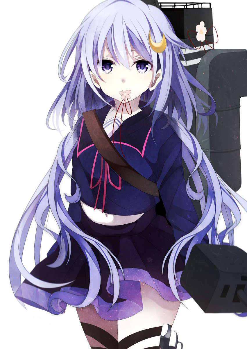 absurdres bad_id bad_pixiv_id blouse blue_eyes cannon crescent crescent_hair_ornament flower hair_ornament highres kantai_collection long_hair long_sleeves midriff navel purple_hair ribbon rigging school_uniform serafuku short_hair_with_long_locks skirt smokestack solo torpedo turret very_long_hair yasumo_(squareenix1) yayoi_(kantai_collection)