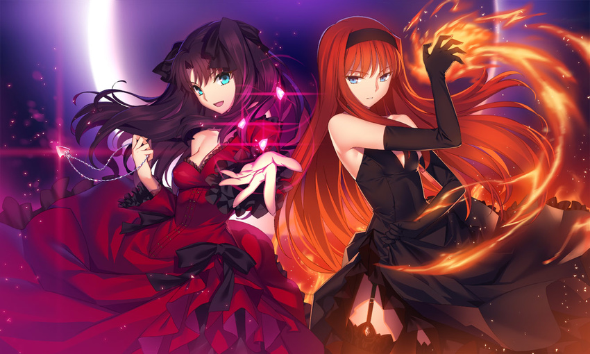 bare_shoulders black_legwear blue_eyes bow breasts brown_hair cleavage collarbone covered_nipples detached_sleeves dress elbow_gloves fate/stay_night fate_(series) fire flame frills full_moon garter_straps gem gloves glowing hair_bow hairband holding_necklace jewelry long_hair medium_breasts moon multiple_girls necklace outstretched_hand parted_lips pendant red_hair shiny shiny_hair skirt_hold small_breasts smile sparks thighhighs toono_akiha toosaka_rin tsukihime twintails two_side_up type-moon wide_sleeves yangsion