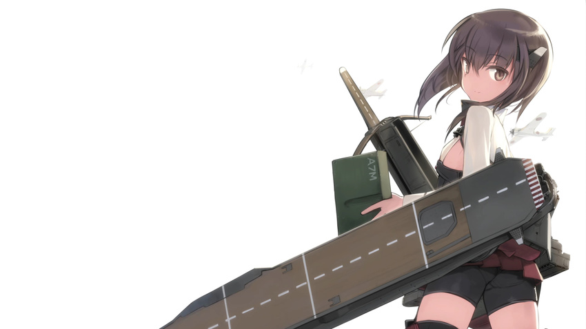 aircraft airplane ass back bike_shorts bow_(weapon) brown_eyes brown_hair cartridge crossbow eyecatch flat_ass flat_chest flight_deck headgear highres kantai_collection looking_at_viewer looking_back machinery non-web_source official_art shimada_fumikane short_hair smile solo taihou_(kantai_collection) weapon