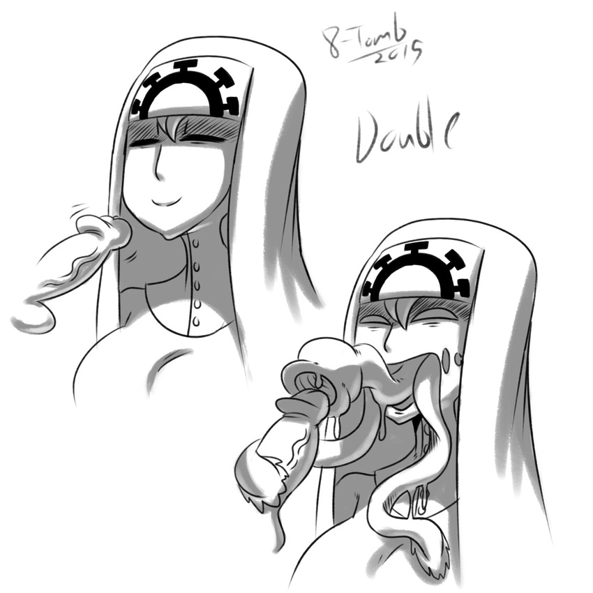2015 balls black_and_white breasts double_(skullgirls) eyes_closed female human ltomb male mammal monochrome nun oral penis skullgirls smile tentacles