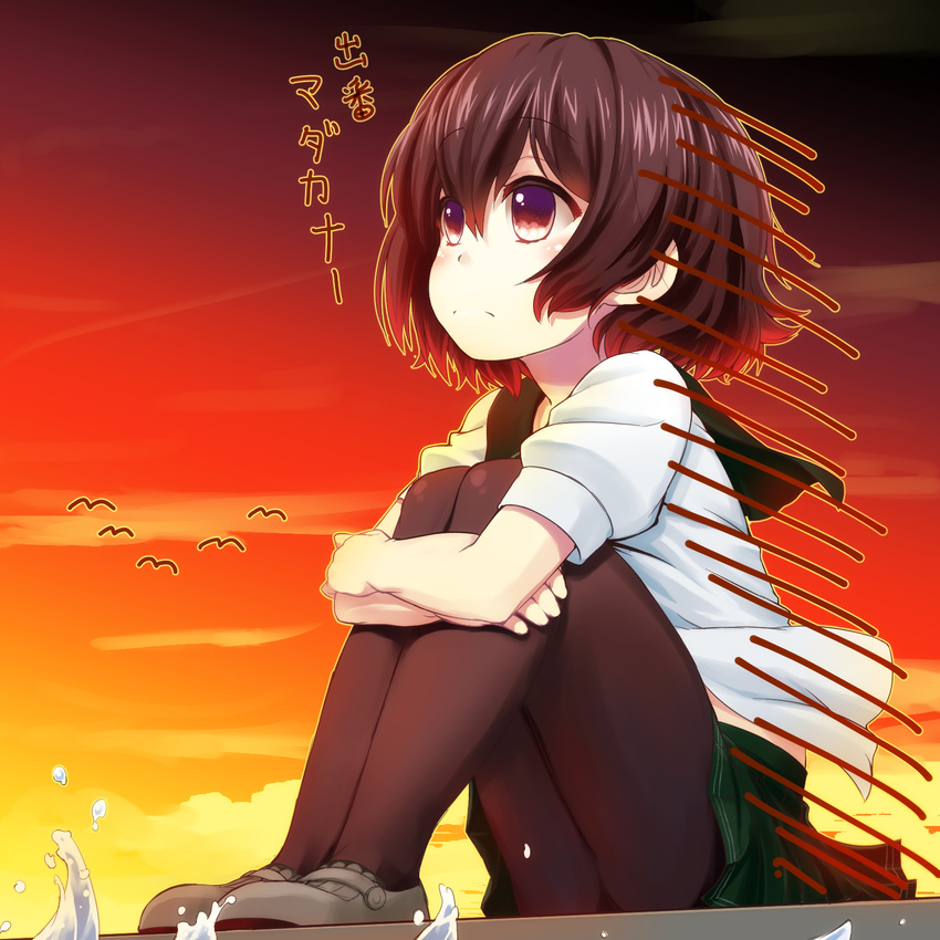 bird brown_hair commentary highres kantai_collection lonely mutsuki_(kantai_collection) pantyhose purple_eyes school_uniform serafuku short_hair sitting skirt sky smile solo sunset takeda_yukimura translated water