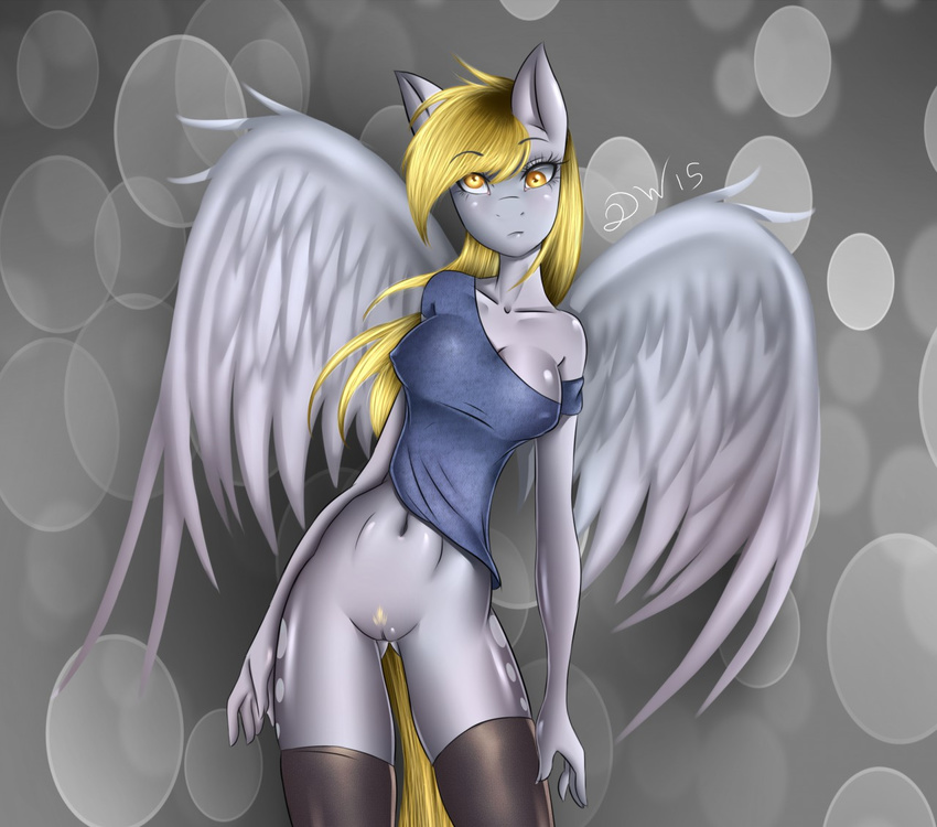 anthro big_breasts bottomless breasts clothed clothing derpy_hooves_(mlp) doomthewolf equine female friendship_is_magic half-dressed mammal my_little_pony pegasus pussy wings