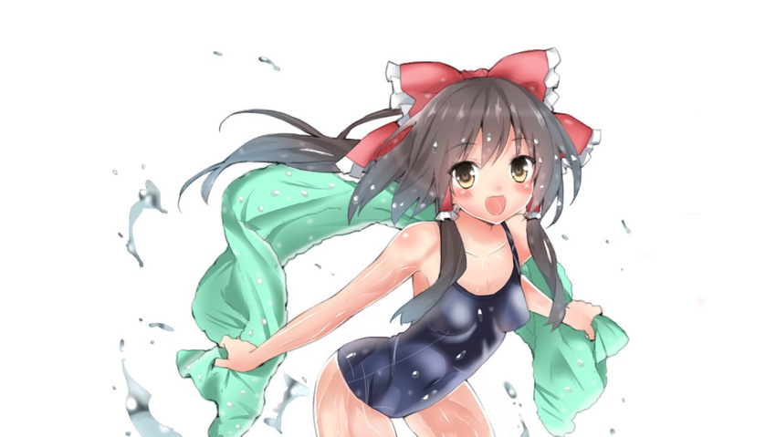 alternate_costume blue_swimsuit blush bow breasts brown_hair collarbone colorized commentary_request green_towel hair_bow hair_tubes hakurei_reimu impossible_clothes impossible_swimsuit kami200819 leaning_forward looking_at_viewer medium_breasts navel one-piece_swimsuit open_mouth peko short_hair sidelocks simple_background solo swimsuit touhou towel water_drop white_background yellow_eyes