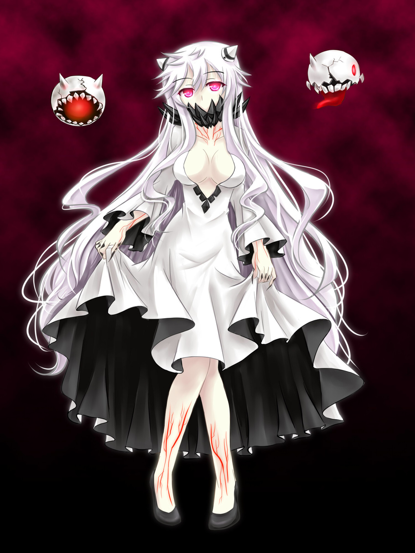 breasts cleavage covered_mouth dress dress_lift highres horns kantai_collection kiryu264 large_breasts long_hair looking_at_viewer midway_hime pink_eyes shinkaisei-kan solo veins very_long_hair white_dress white_hair white_skin