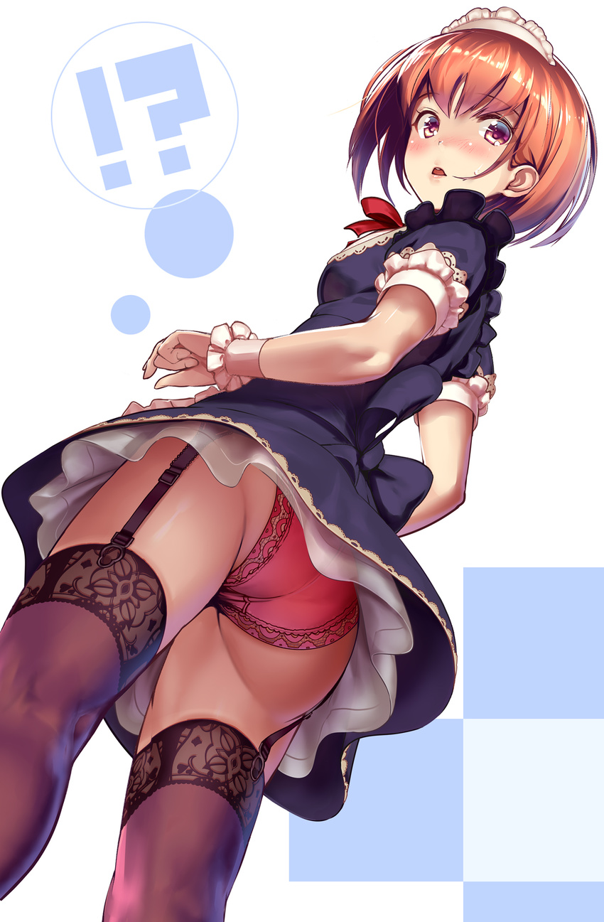 1girl ass blush bow breasts brown_hair dress from_behind from_below garter_straps highres kinugasa_yuuichi lace lace-trimmed_panties lace-trimmed_thighhighs looking_at_viewer looking_back maid maid_headdress neck_ribbon nose_blush open_mouth original panties parted_lips petticoat red_eyes red_panties ribbon short_dress short_hair short_sleeves small_breasts solo standing thighhighs thighs underwear upskirt wrist_cuffs