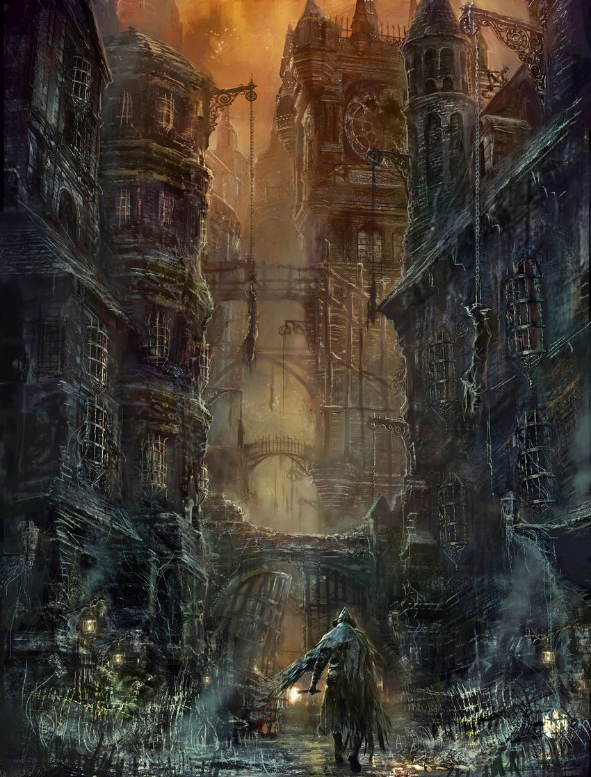 artist_request black_footwear black_gloves black_hat bloodborne boots bridge building cage chain cloak clock clock_tower elbow_gloves fire fog from_behind full_body gate gloves hat highres holding hunter_(bloodborne) knee_boots lantern outdoors solo torch torn_cloak tower town walking wizard_hat