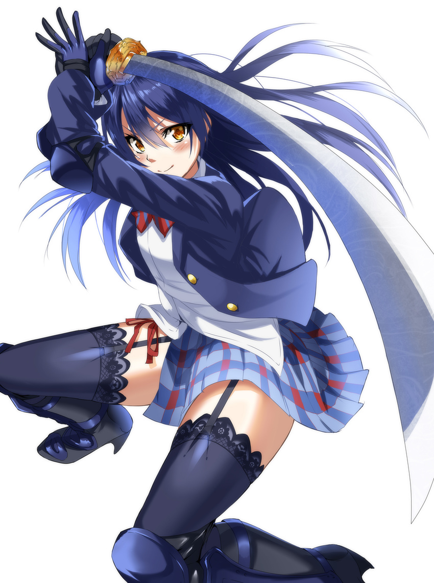 &gt;:) absurdres arms_up black_legwear blazer blue_hair blue_jacket blue_skirt blush bow brown_eyes buttons cosplay elbow_pads fighting_stance garter_straps gloves greaves heirou high_heels highres highschool_of_the_dead holding holding_weapon jacket katana knee_pads lace lace-trimmed_thighhighs long_hair long_sleeves looking_at_viewer love_live! love_live!_school_idol_project open_clothes open_jacket otonokizaka_school_uniform plaid plaid_bow plaid_skirt pleated_skirt red_bow school_uniform shirt simple_background skirt smile solo sonoda_umi squatting sword thighhighs v-shaped_eyebrows weapon white_shirt zettai_ryouiki