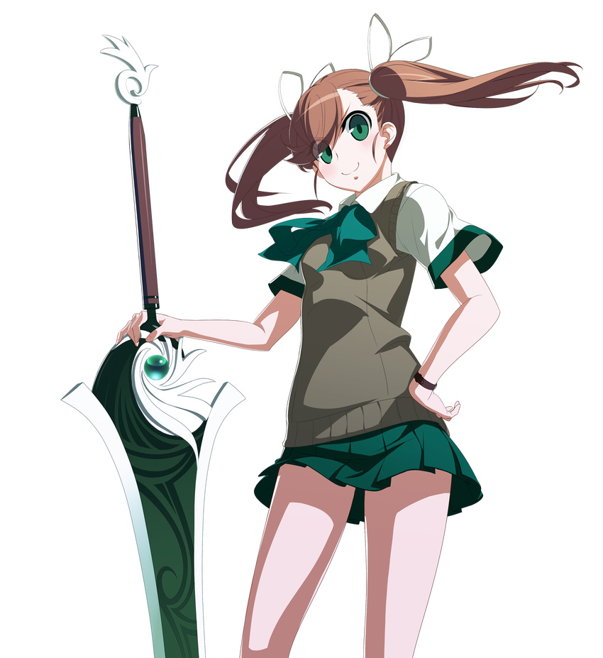 &gt;:) brown_hair eyes_visible_through_hair french-bread green_eyes green_skirt hair_ribbon hand_on_hip highres long_hair nanase_(under_night_in-birth) official_art pleated_skirt ribbon school_uniform short_sleeves skirt smile solo sweater_vest sword transparent_background twintails under_night_in-birth v-shaped_eyebrows weapon yoshihara_seiichi