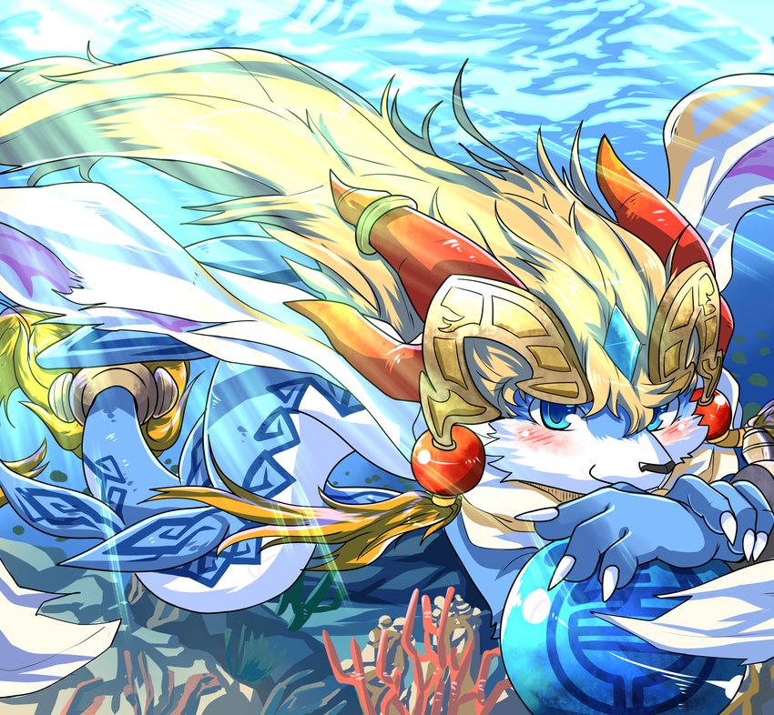 absurd_res ambiguous_gender blue_eyes blush canine cetacean claws coral hi_res looking_at_viewer mammal marine may_(artist) shaorune smile solo sunlight tales_of_rebirth underwater water