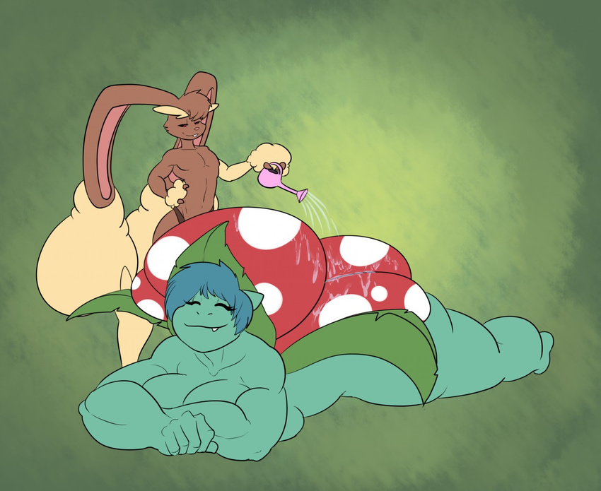 biceps big_breasts breasts clothed clothing duo female fur hair half-dressed imara kaboozle loincloth lopunny male male/female mammal muscles nintendo plant pok&eacute;mon relaxing smile timothy_vladislaus topless venusaur video_games watering wet