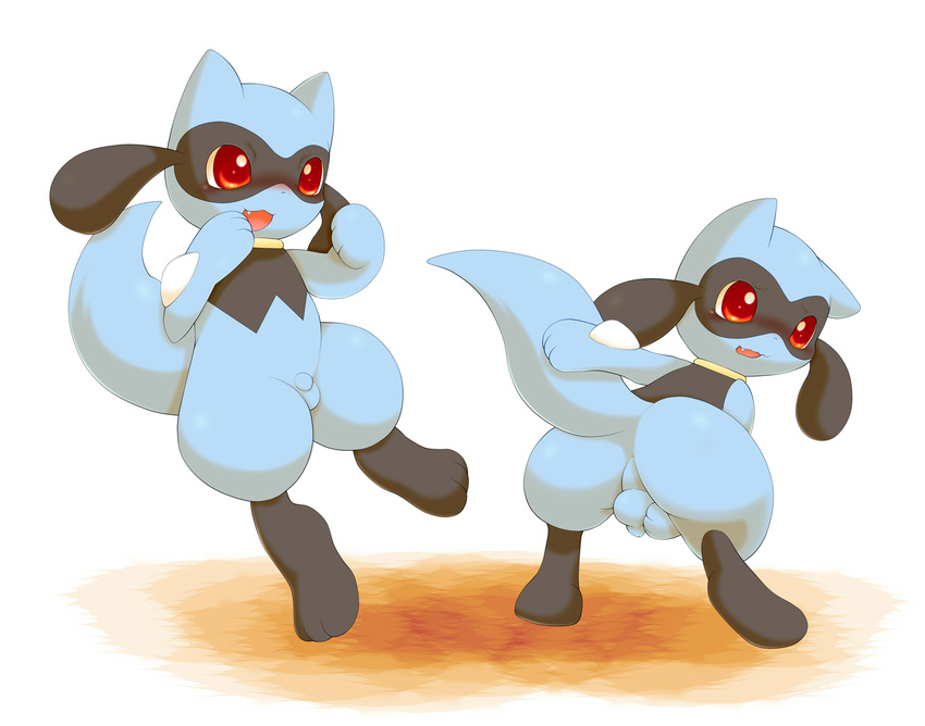 2015 anthro anus backsack ball_grab balls bent_over big_butt blush butt canine cute_fangs digitigrade duo fully_sheathed hand_on_balls jumping looking_away looking_back male mammal nervous nintendo open_mouth pok&eacute;mon presenting riolu schnecken sheath smile thick_thighs video_games