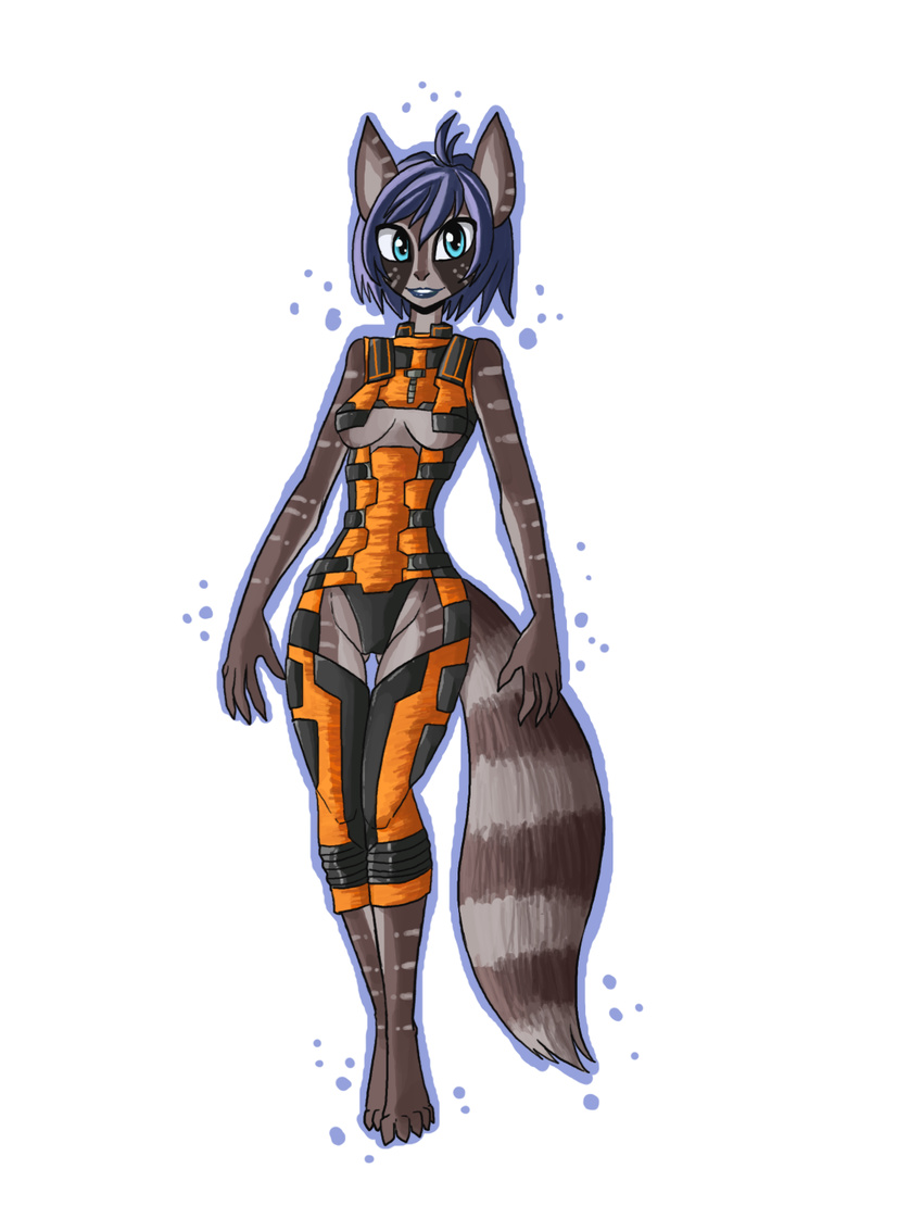 2015 anthro black_fur blue_eyes breasts brown_fur clothed clothing digital_media_(artwork) fan_character female fur guardians_of_the_galaxy hair hi_res looking_at_viewer mammal marvel nina plain_background purple_hair raccoon raptor007 rocket_raccoon skimpy slit_pupils smile solo stripes suit teeth white_fur