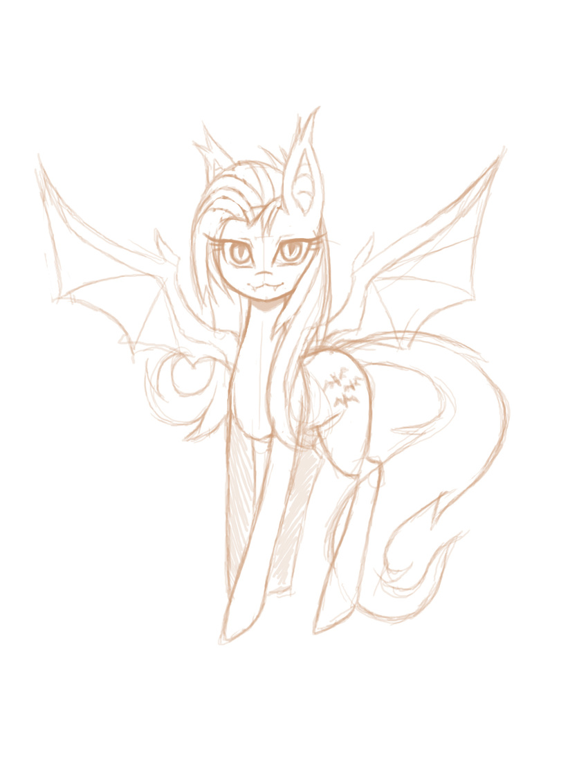 2015 animal_ears bat cutie_mark equine female feral flutterbat_(mlp) fluttershy_(mlp) friendship_is_magic greyscale hair horse hybrid long_hair looking_at_viewer mammal monochrome my_little_pony pegasus plain_background pony raptor007 sketch slit_pupils solo white_background wings
