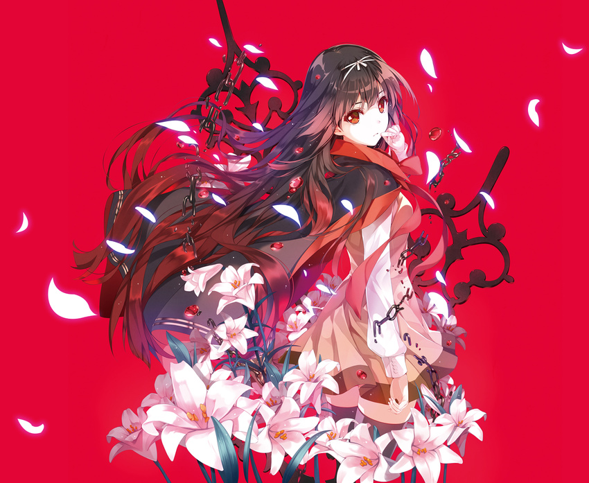 brown_hair cape chain dress flower hand_on_own_face kuroya_shinobu lily_(flower) long_hair looking_back ninomiya_anju petals red_background red_eyes simple_background solo taiyou_no_channel thighhighs zettai_ryouiki