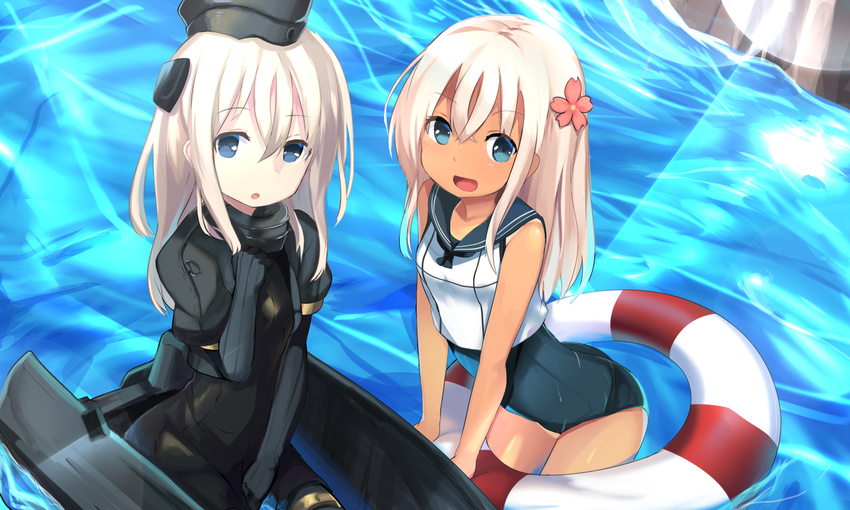 :o blue_eyes bodysuit dual_persona flower haik hair_flower hair_ornament hat kantai_collection lifebuoy multiple_girls one-piece_swimsuit ro-500_(kantai_collection) school_swimsuit school_uniform serafuku smile swimsuit swimsuit_under_clothes tan tanline u-511_(kantai_collection) water white_hair