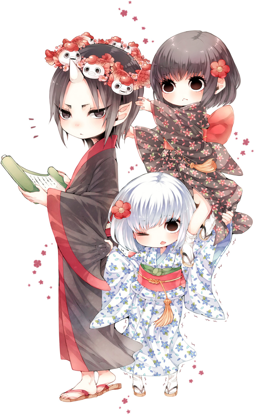 2girls :&lt; absurdres black_eyes black_hair fish floral_print flower flower_wreath goldfish hair_flower hair_ornament head_wreath highres hoozuki_(hoozuki_no_reitetsu) hoozuki_no_reitetsu horn ichiko_(hoozuki_no_reitetsu) japanese_clothes kimono long_sleeves looking_at_viewer multiple_girls niko_(hoozuki_no_reitetsu) niwako obi one_eye_closed oni pointy_ears sandals sanpaku sash short_hair silver_hair simple_background sitting_on_shoulder tassel white_background wide_sleeves