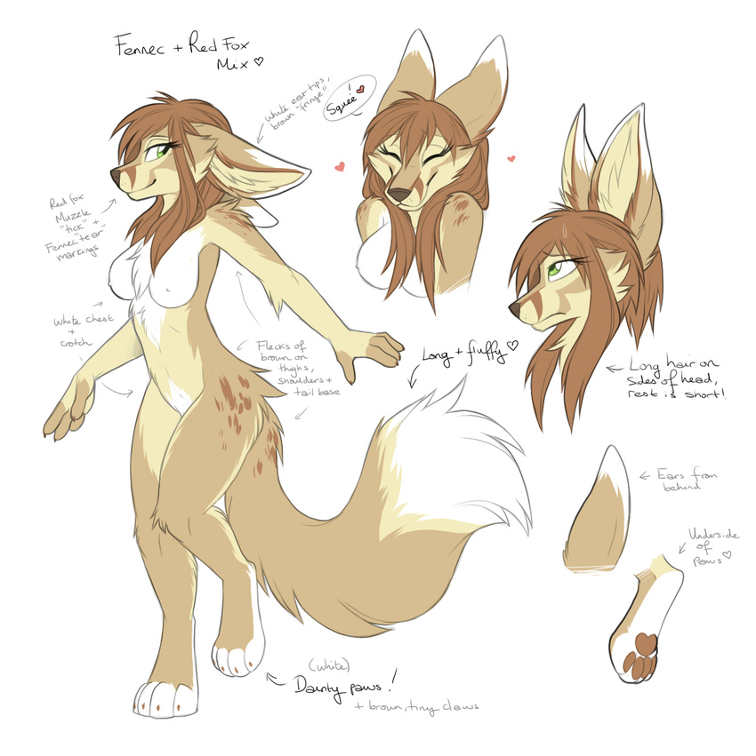 &lt;3 anthro big_ears breasts brown_hair bust canine cheek_tuft cute eyes_closed female fennec fox fur hair keihound long_hair mammal nipples nude plain_background smile solo tan_fur tuft white_fur