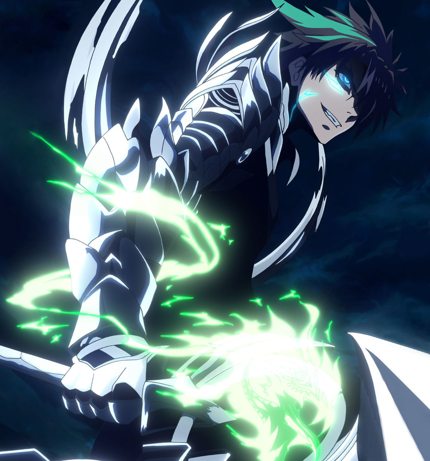 1boy blue_eyes brown_hair gauntlet gauntlets screencap shinmai_maou_no_testament sword toujou_basara