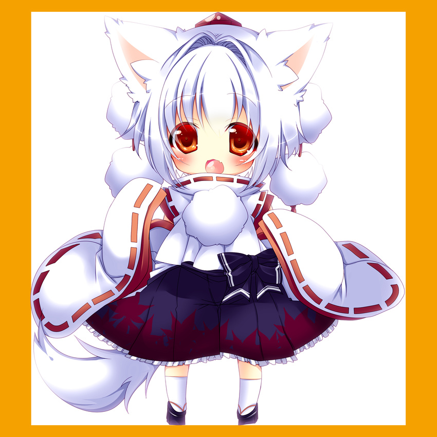 absurdres animal_ears bad_id bad_pixiv_id blush chibi detached_sleeves fang hat hat_ribbon highres hikanyan inubashiri_momiji long_sleeves open_mouth pom_pom_(clothes) red_eyes ribbon ribbon-trimmed_sleeves ribbon_trim shirt silver_hair skirt solo tail tokin_hat touhou wide_sleeves wolf_ears wolf_tail