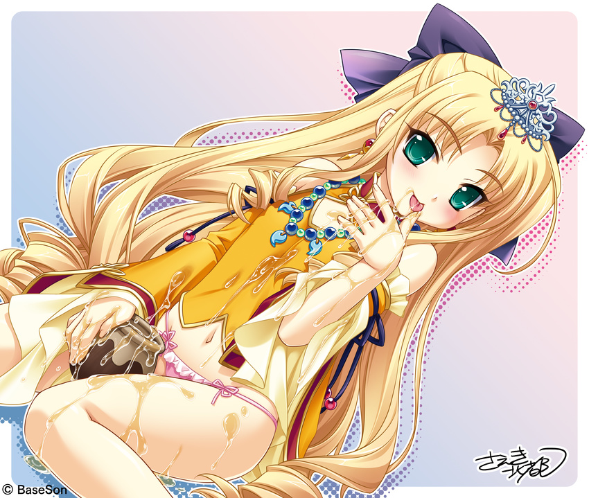 :p absurdres blonde_hair bow child crown drill_hair earrings enjutsu finger_licking green_eyes hair_bow highres honey jewelry koihime_musou licking long_hair navel no_pants official_art panties pink_panties ribbon saeki_hokuto sexually_suggestive side-tie_panties sitting solo tongue tongue_out underwear very_long_hair