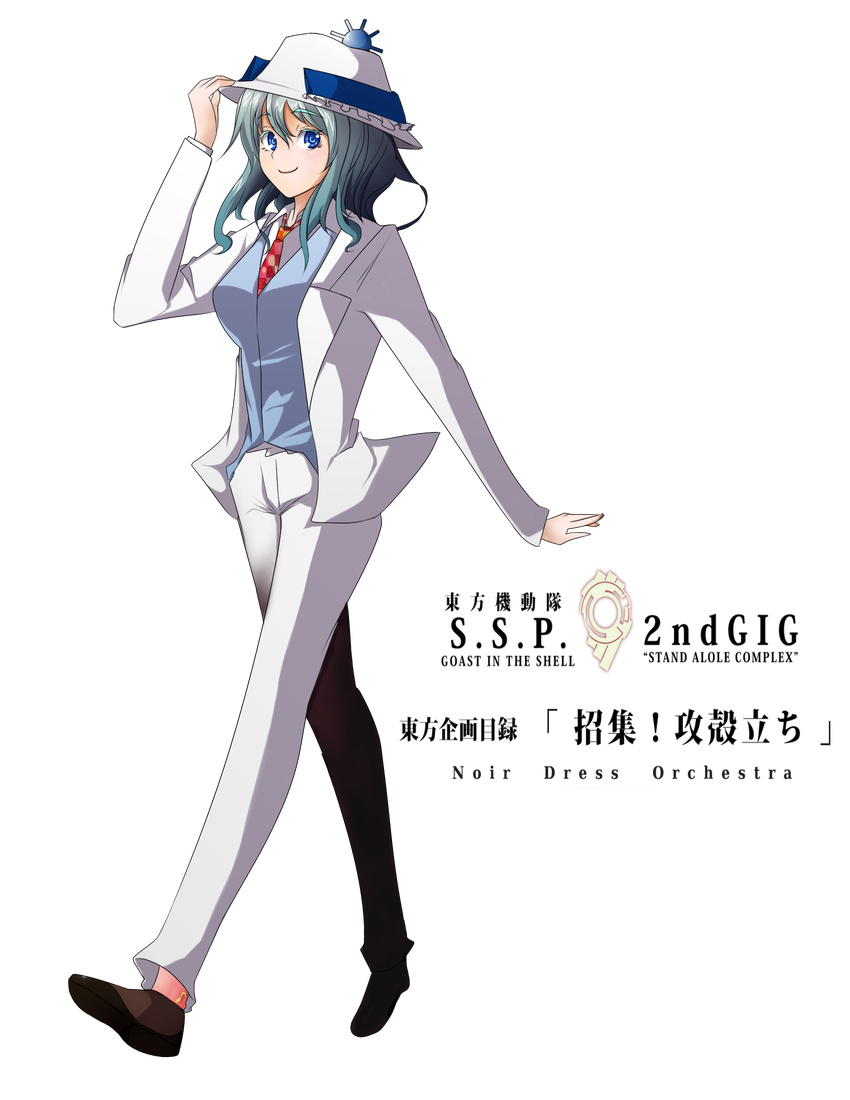 blazer blue_eyes contemporary formal fullpower ghost_in_the_shell ghost_in_the_shell_stand_alone_complex hat highres jacket merlin_prismriver necktie shoes silver_hair smile solo suit touhou transparent_background white_hat