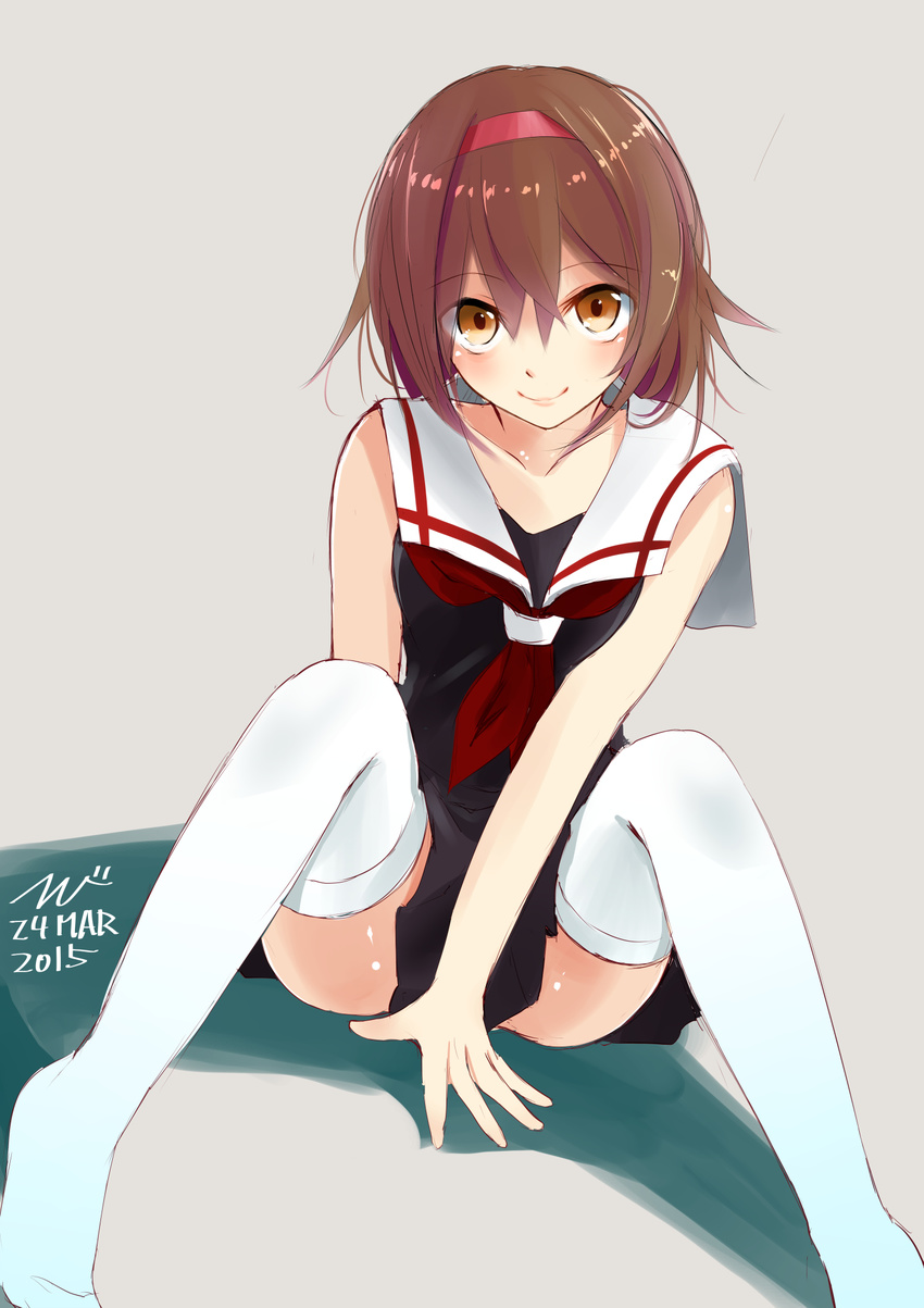 alternate_costume bare_shoulders black_serafuku brown_eyes brown_hair dated grey_background headband highres kantai_collection knees_up looking_at_viewer march neckerchief sailor_collar school_uniform serafuku shiratsuyu_(kantai_collection) shirt simple_background sitting sleeveless sleeveless_shirt solo spread_legs tebi_(tbd11) thighhighs white_legwear zettai_ryouiki