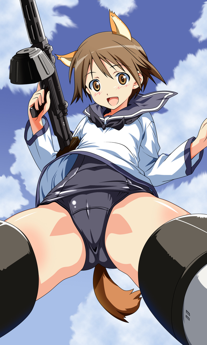 absurdres animal_ears blush brown_eyes brown_hair cloud day derivative_work flying from_below gun highres looking_at_viewer miyafuji_yoshika one-piece_swimsuit open_mouth school_swimsuit short_hair sigsig sky solo strike_witches striker_unit swimsuit tail weapon world_witches_series