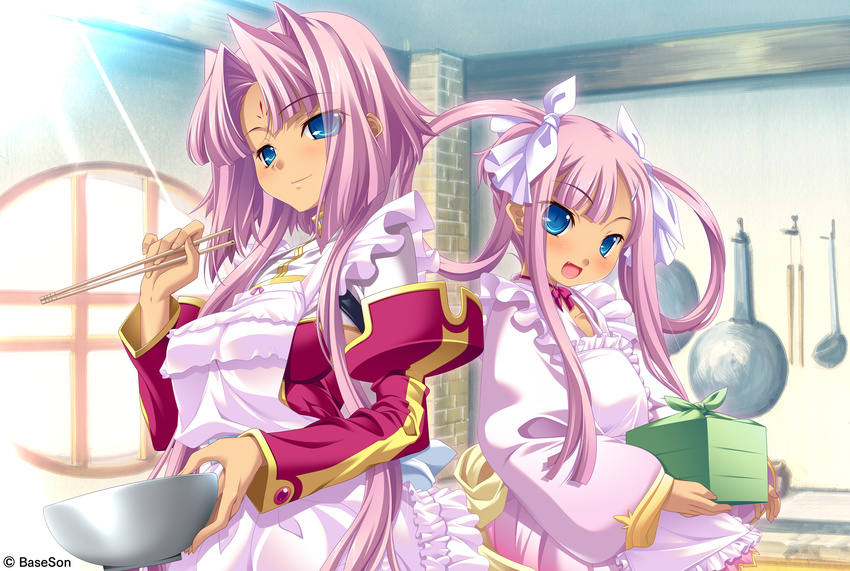 absurdres apron blue_eyes chopsticks cooking detached_sleeves fang highres hikage_eiji koihime_musou multiple_girls official_art pink_hair siblings sisters smile sonken sonshoukou twintails