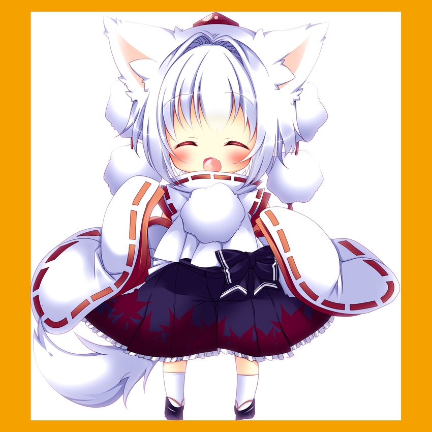 absurdres animal_ears bad_id bad_pixiv_id blush chibi closed_eyes detached_sleeves fang geta hat hat_ribbon highres hikanyan inubashiri_momiji long_sleeves open_mouth pom_pom_(clothes) ribbon ribbon-trimmed_sleeves ribbon_trim shirt silver_hair skirt smile solo tail tokin_hat touhou wide_sleeves wolf_ears wolf_tail