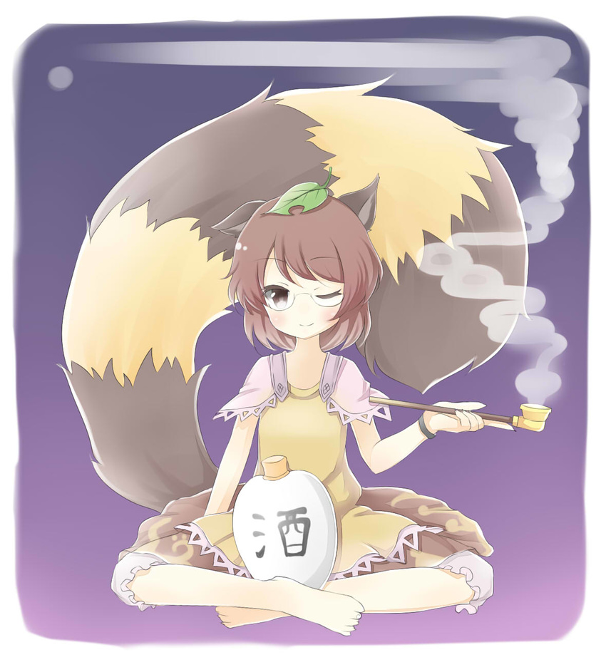 animal_ears bad_id bad_pixiv_id barefoot bloomers bottle bracelet brown_eyes brown_hair dress ellipsis_(mitei) futatsuiwa_mamizou gradient gradient_background highres indian_style jewelry kiseru layered_dress leaf leaf_on_head looking_at_viewer one_eye_closed pipe raccoon_ears raccoon_tail sake_bottle short_hair sitting smile smoke solo tail touhou underwear