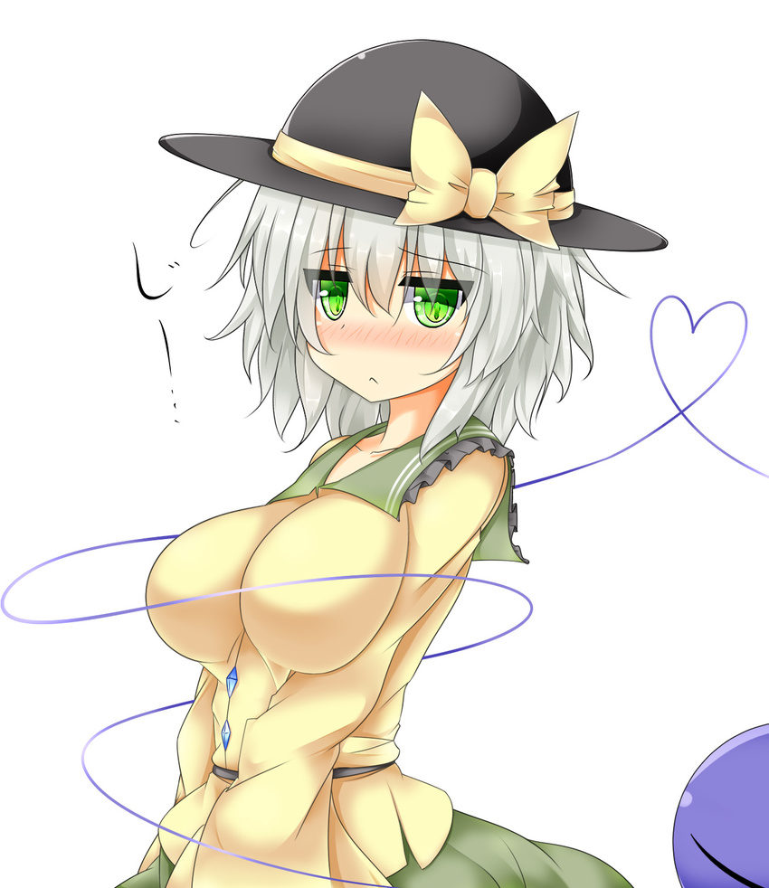 alternate_breast_size blush bow breast_press breasts green_eyes hat hat_bow hat_ribbon heart heart_of_string highres impossible_clothes komeiji_koishi large_breasts looking_at_viewer ribbon short_hair silver_hair simple_background slit_pupils solo third_eye touhou us2s