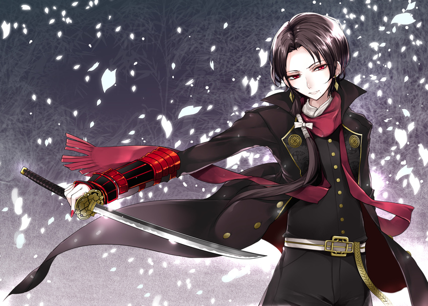 brown_hair coat earrings highres jewelry kashuu_kiyomitsu male_focus mole mole_under_mouth nail_polish petals ponytail red_eyes red_nails red_scarf scarf solo sword touken_ranbu weapon yoshiwo