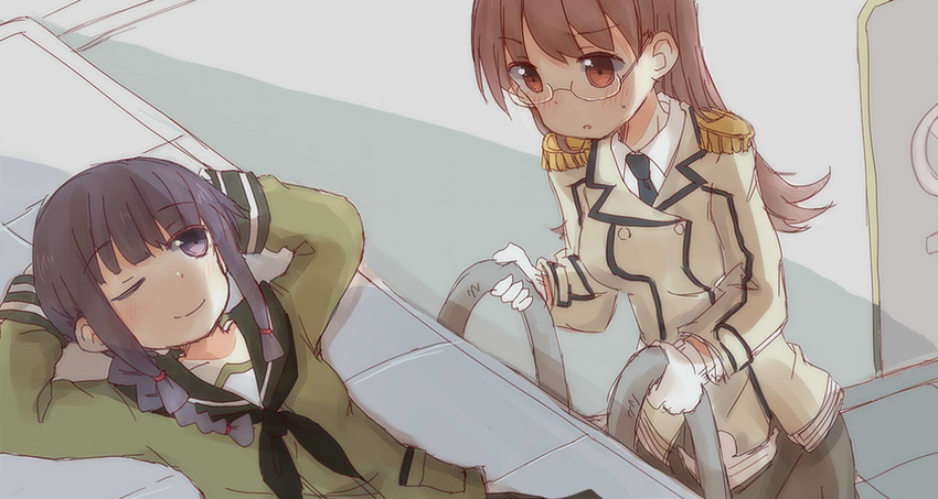 bespectacled black_eyes black_hair braid brown_eyes brown_hair cosplay fud glasses gloves kantai_collection katori_(kantai_collection) katori_(kantai_collection)_(cosplay) kitakami_(kantai_collection) long_hair multiple_girls necktie one_eye_closed ooi_(kantai_collection) uniform