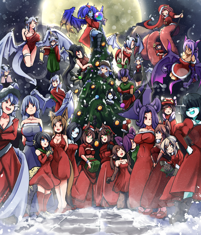 6+girls :d absurdres animal_ears annotation_request baphomet_(monster_girl_encyclopedia) black_hair blue_eyes blue_hair blue_skin borrowed_character box breasts broom broom_riding brown_hair christmas christmas_tree cleavage commentary cyclops dark_skin dellu_(geenymous) demon_girl demon_horns demon_wings dormouse_(monster_girl_encyclopedia) dragon_girl dragon_horns dragon_wings dress english_commentary eyes_visible_through_hair flying full_moon gazer_(monster_girl_encyclopedia) gift gift_box green_eyes hair_over_eyes hair_over_one_eye hat heterochromia highres horns ignitrix jabberwock_(monster_girl_encyclopedia) khornette_quest lamia large_breasts large_mouse_(monster_girl_encyclopedia) lilim_(monster_girl_encyclopedia) long_hair looking_at_another looking_at_viewer looking_away mari_(maritan) miia_(monster_musume) monster_girl monster_girl_encyclopedia monster_musume_no_iru_nichijou moon mouse_ears multiple_girls nanostar nellu_(geenymous) night one-eyed open_mouth original paws pointy_ears ponytail purple_eyes purple_hair red_dress red_eyes red_hair runa santa_hat short_hair silver_hair skateboard smile smug snowing twintails vellu_(geenymous) white_hair white_skin wings yellow_eyes