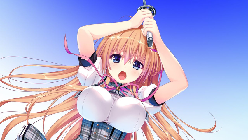 1girl arms_up blue_eyes blush bouncing_breasts breasts female fighting_stance game_cg highres kino_(kino_konomi) kino_konomi konomi_(kino_konomi) large_breasts long_hair looking_at_viewer open_mouth orange_hair serious shinonome_setsuna shirogane_x_spirits simple_background solo sword weapon