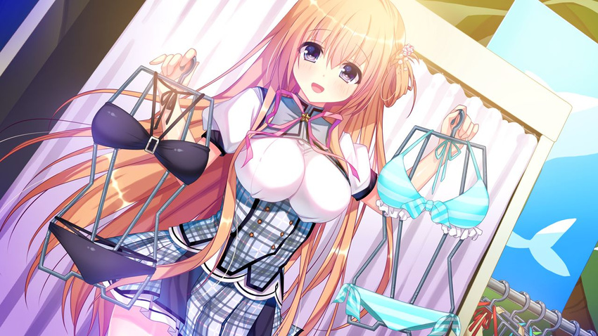 1girl bikini blush breasts clothes_hanger clothes_in_front dressing_room female game_cg highres kino_(kino_konomi) kino_konomi konomi_(kino_konomi) large_breasts legs long_hair looking_at_viewer open_mouth orange_hair purple_eyes school_uniform shinonome_setsuna shirogane_x_spirits shop shopping skirt smile solo standing swimsuit thighs