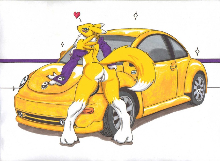 &lt;3 2015 anthro areola arm_sleeves bandai black_nose black_sclera blue_eyes boxice breasts butt car chest_tuft digimon female fingerless_gloves fur gloves hindpaw looking_at_viewer nipples paws presenting presenting_hindquarters pussy rear_view renamon shiny simple_background smile solo tuft yellow_fur