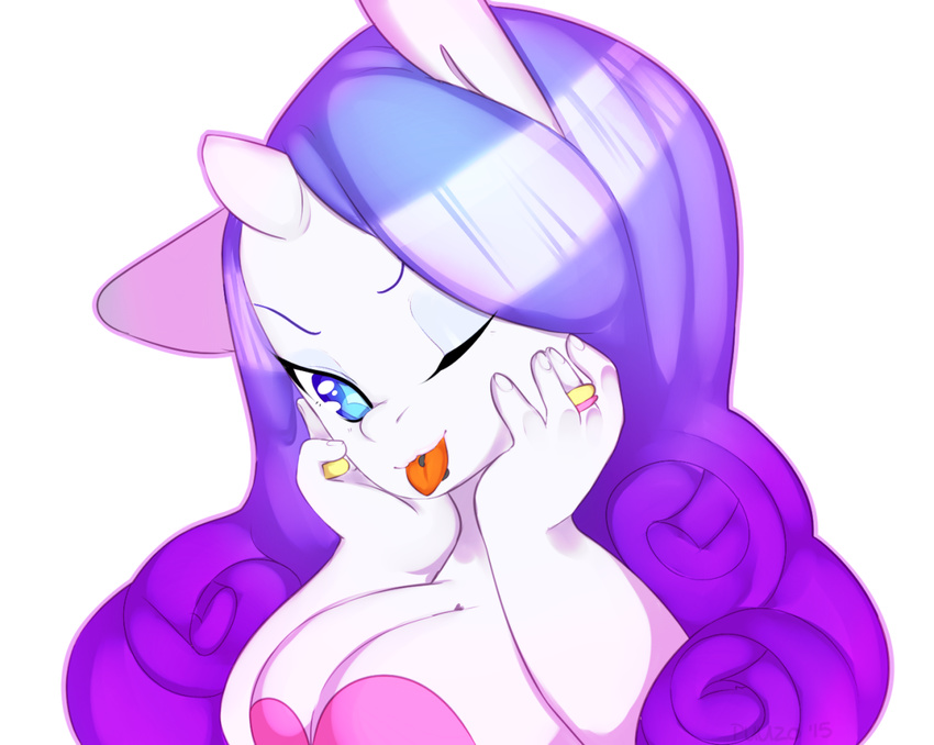 2015 anthro anthrofied blue_eyes breasts cleavage clothed clothing equine female friendship_is_magic hair half-closed_eyes horn long_hair mammal my_little_pony piercing plain_background rarity_(mlp) ring solo tesuai tongue tongue_out tongue_piercing unicorn white_background white_body