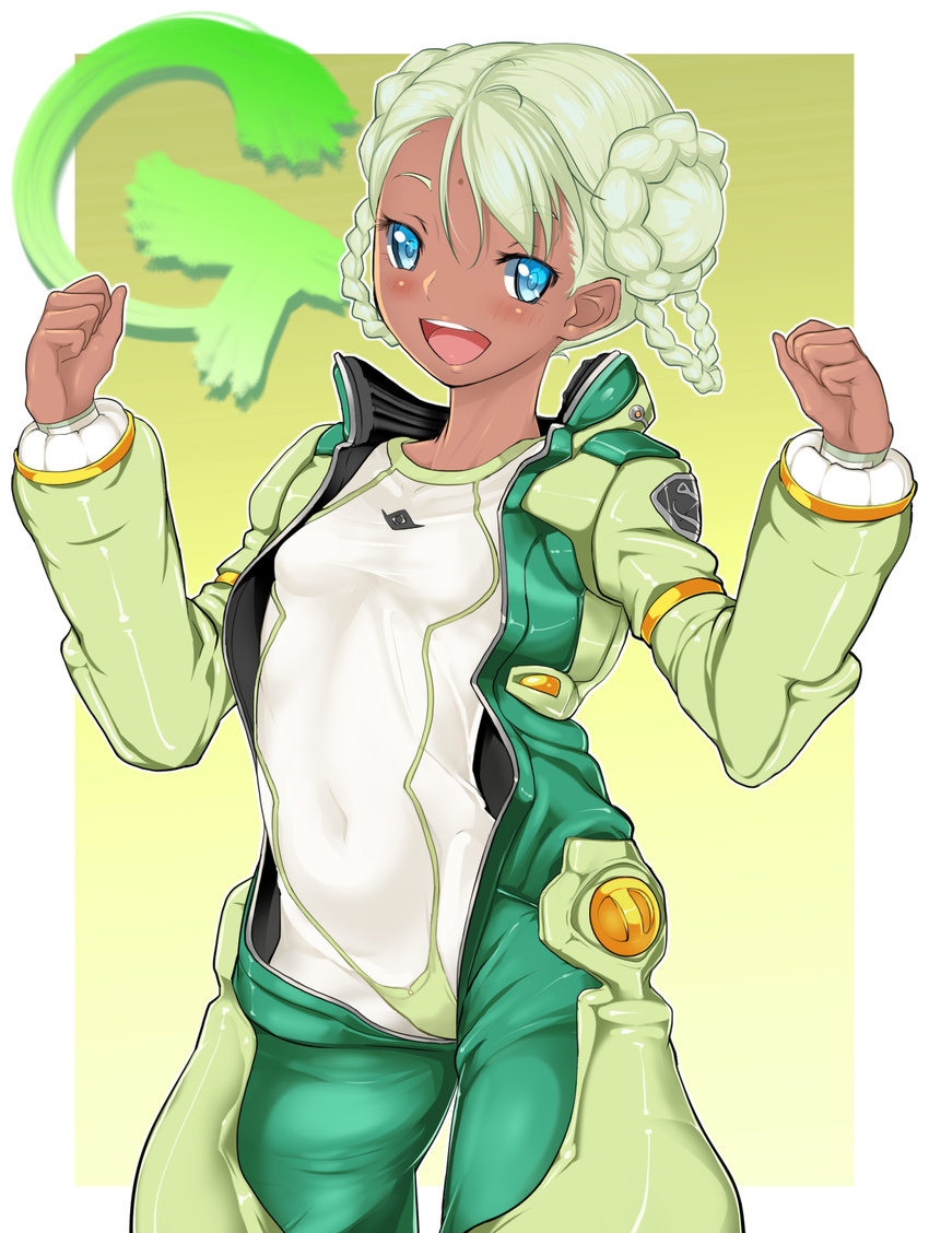 :d bangs bindi blue_eyes blush bodysuit braid breasts clenched_hands covered_navel cowboy_shot dark_skin double_bun gradient gradient_background green_hair gundam gundam_g_no_reconguista hair_rings hands_up highres looking_at_viewer open_mouth outline pilot_suit pt@i raraiya_monday simple_background small_breasts smile solo standing swept_bangs taut_clothes twin_braids unzipped yellow_background