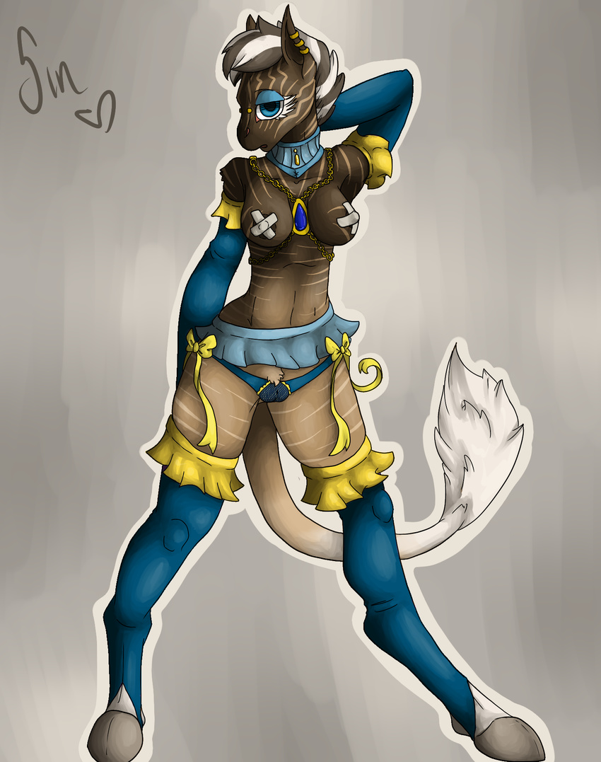 anthro armor breasts clothing collar ear_piercing equine female gauntlets legwear lingerie mammal nipple_tape panties piercing poisindoodles quagga stockings underwear zebra