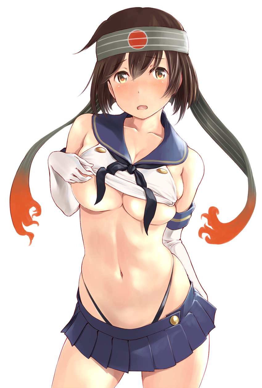 :o bare_shoulders black_panties blush breasts brown_eyes brown_hair bursting_breasts cleavage collarbone contrapposto cosplay cowboy_shot crop_top elbow_gloves gloves headband highleg highleg_panties highres hiryuu_(kantai_collection) kantai_collection large_breasts looking_at_viewer midriff miniskirt navel nose_blush open_mouth panties pleated_skirt sailor_collar school_uniform serafuku shimakaze_(kantai_collection) shimakaze_(kantai_collection)_(cosplay) shirt shirt_lift short_hair simple_background skindentation skirt sleeveless sleeveless_shirt solo standing stomach string_panties underboob undersized_clothes underwear wa_(genryusui) white_background white_gloves