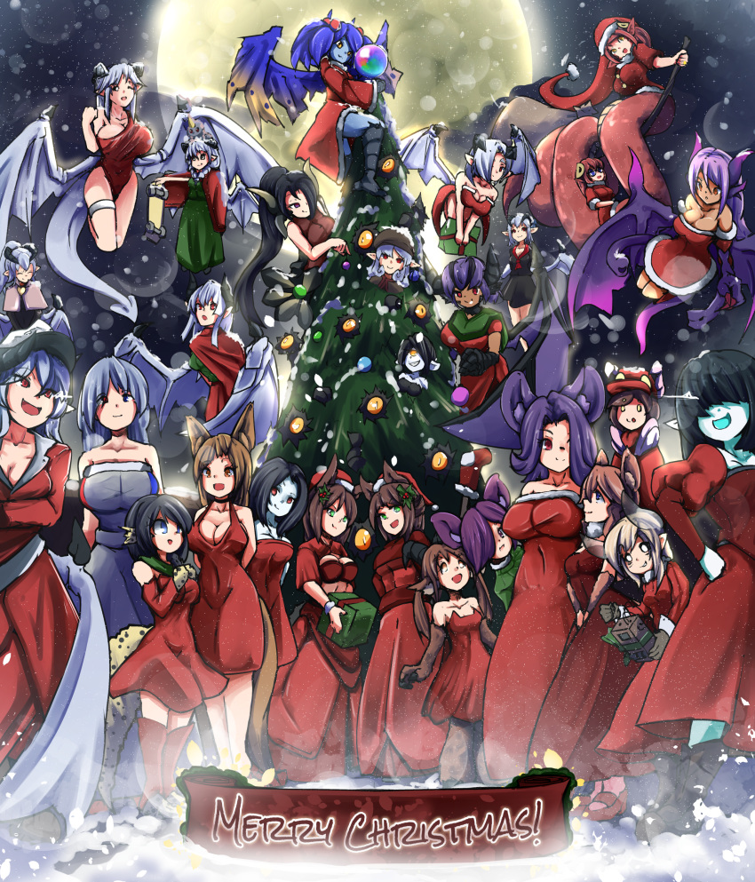 6+girls :d absurdres animal_ears annotation_request baphomet_(monster_girl_encyclopedia) black_hair blue_eyes blue_hair blue_skin borrowed_character box breasts broom broom_riding brown_hair christmas christmas_tree cleavage commentary cyclops dark_skin dellu_(geenymous) demon_girl demon_horns demon_wings dormouse_(monster_girl_encyclopedia) dragon_girl dragon_horns dragon_wings dress english_commentary eyes_visible_through_hair flying full_moon gazer_(monster_girl_encyclopedia) gift gift_box green_eyes hair_over_eyes hair_over_one_eye hat heterochromia highres horns ignitrix jabberwock_(monster_girl_encyclopedia) khornette_quest lamia large_breasts large_mouse_(monster_girl_encyclopedia) lilim_(monster_girl_encyclopedia) long_hair looking_at_another looking_at_viewer looking_away mari_(maritan) merry_christmas miia_(monster_musume) monster_girl monster_girl_encyclopedia monster_musume_no_iru_nichijou moon mouse_ears multiple_girls nanostar nellu_(geenymous) night one-eyed open_mouth original paws pointy_ears ponytail purple_eyes purple_hair red_dress red_eyes red_hair runa santa_hat short_hair silver_hair skateboard smile smug snowing twintails vellu_(geenymous) white_hair white_skin wings yellow_eyes