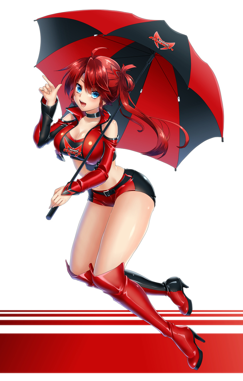 absurdres bad_id bad_pixiv_id blue_eyes boots breasts choker cleavage high_heel_boots high_heels highres keita_(tundereyuina) large_breasts long_hair looking_at_viewer original race_queen red_hair short_shorts shorts smile solo umbrella