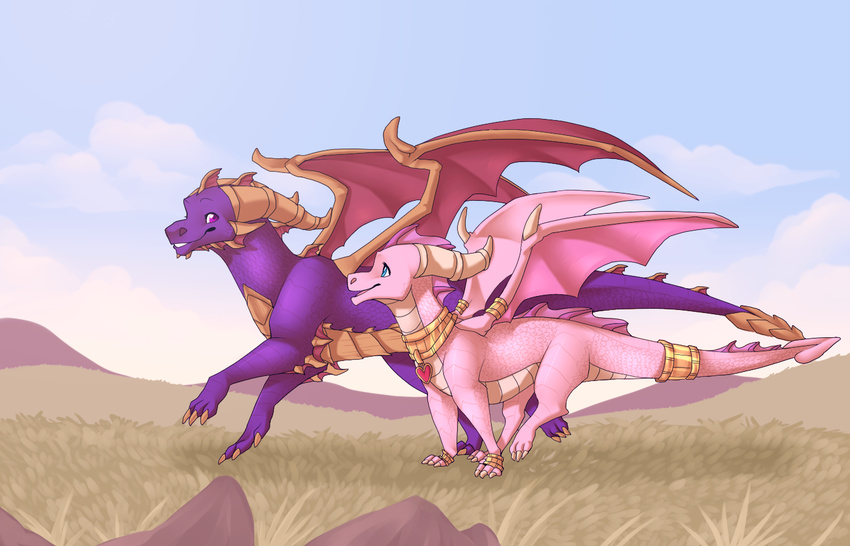 2014 blue_eyes cloud couple duo ember female feral grass happy horn male pendant pink_scales plains purple_eyes purple_scales running schl4fmuetze sky smile spread_wings spyro spyro_the_dragon tail_ring video_games wings