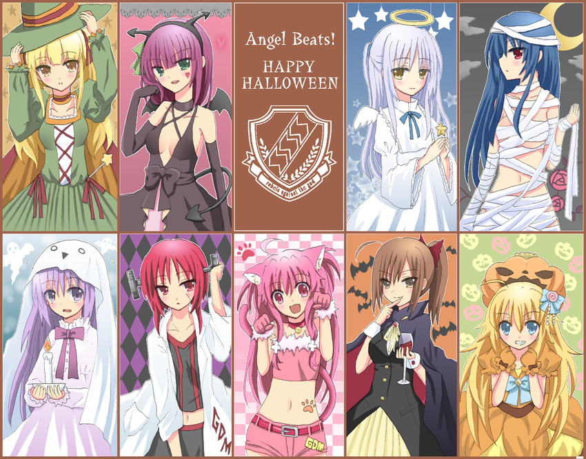 ahoge angel_beats! angel_wings animal_ears bandages bat bell bell_collar blonde_hair blue_eyes blue_hair bow breasts brown_eyes brown_hair candle cape cat_ears cat_tail cleavage collar collarbone cosplay crescent_moon demon_tail demon_wings dress elbow_gloves fake_horns fang frankenstein's_monster frankenstein's_monster_(cosplay) ghost_costume glass gloves green_eyes grin hairband halloween halo hat heart highres hisako_(angel_beats!) irie_(angel_beats!) iwasawa labcoat long_hair medium_breasts midriff moon multiple_girls nakamura_hinato naked_bandage navel open_mouth paw_pose pink_eyes pink_hair ponytail pumpkin pumpkin_hat purple_eyes purple_hair red_eyes red_hair ribbon sekine shiina_(angel_beats!) short_hair small_breasts smile star tail tenshi_(angel_beats!) vampire_costume white_hair wings witch_hat yellow_eyes yui_(angel_beats!) yuri_(angel_beats!) yusa_(angel_beats!)