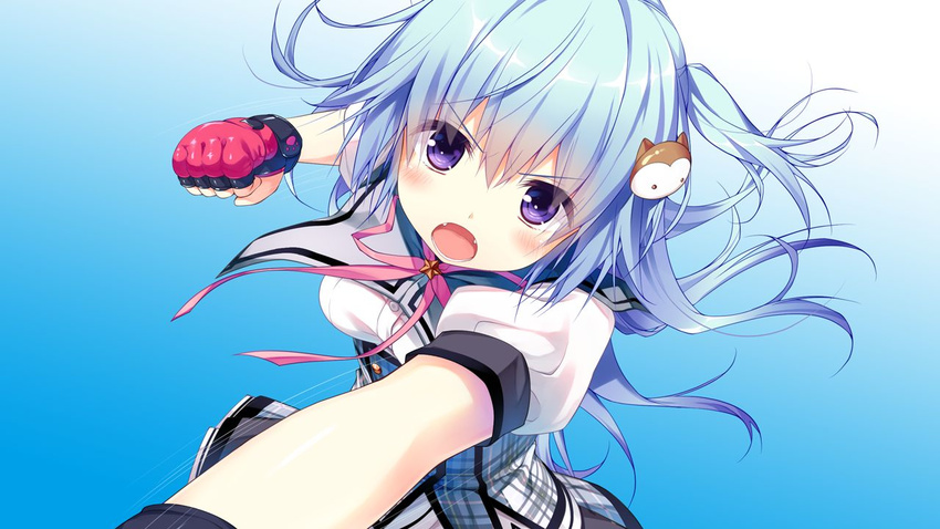 1girl blue_hair blush breasts fighting fighting_stance fingerless_gloves game_cg gloves highres kino_(kino_konomi) kino_konomi konomi_(kino_konomi) looking_at_viewer nakano_mei open_mouth purple_eyes serious shirogane_x_spirits short_hair simple_background small_breasts solo