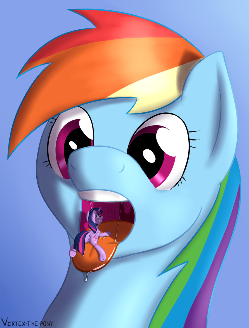 absurd_res anatomically_correct anus blue_fur cutie_mark duo equine feathers female friendship_is_magic fur hair hi_res horn horse imminent_vore long_hair macro mammal micro multicolored_hair my_little_pony open_mouth purple_eyes purple_fur purple_hair pussy rainbow_dash_(mlp) saliva saliva_string size_difference throat tongue tongue_out twilight_sparkle_(mlp) two_tone_hair uvula vertex vertex-the-pony vore winged_unicorn wings