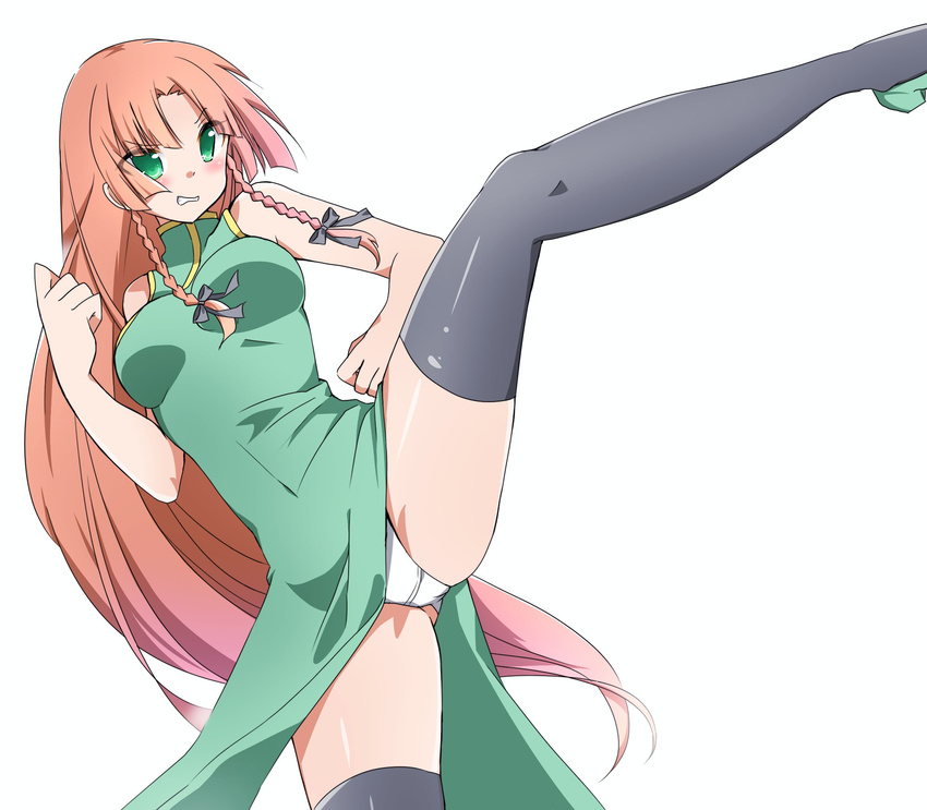 adapted_costume bare_arms bare_shoulders black_legwear braid breasts china_dress chinese_clothes clenched_hands clenched_teeth dress green_eyes highres hong_meiling kicking leg_lift long_hair medium_breasts panties red_hair side_slit sleeveless sleeveless_dress solo teeth thighhighs thighs touhou twin_braids underwear white_panties yukina_(masyumaro610)